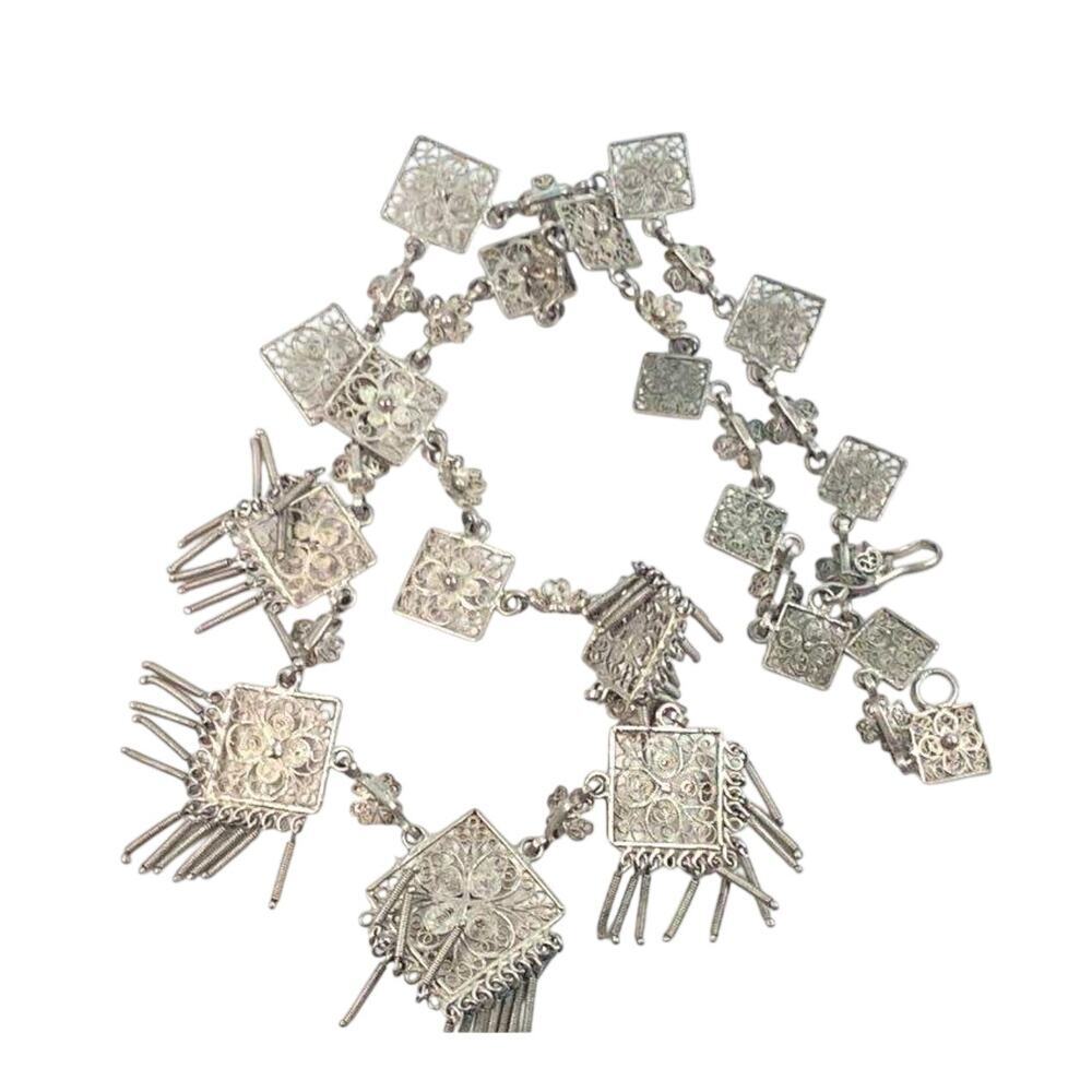 800 Silver Filigree Square Fringe Pendant Necklace 18.5" Antique Vintage - Picture 3 of 4